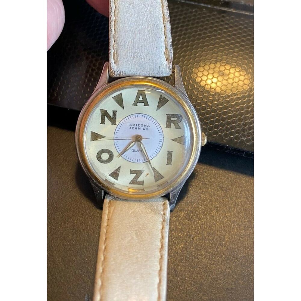 RARE VTG 34mm Arizona Jean Co Watch, Two Tone, White Leather Band